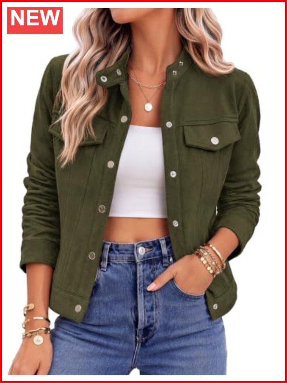 Faux Suede Cropped Jacket Women Trendy Snap Button